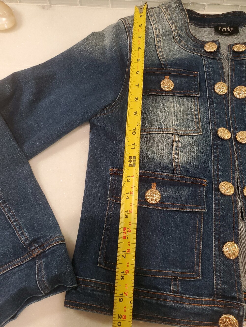 FATE Collarless Denim Jacket Gold Textured Buttons Women's Size Small - Picture 6 of 8